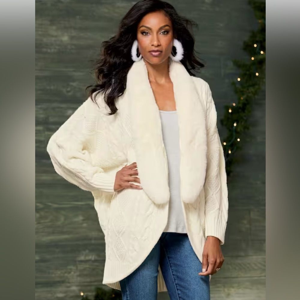 Midnight Velvet Diana Faux Fur-Trimmed Cardigan‎ BLACK 2X NWT